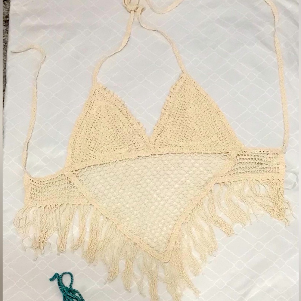 Cream Crochet Fringe Halter Top